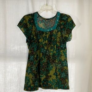 Boho Floral Beaded Neckline Top - Green/Brown, Size M